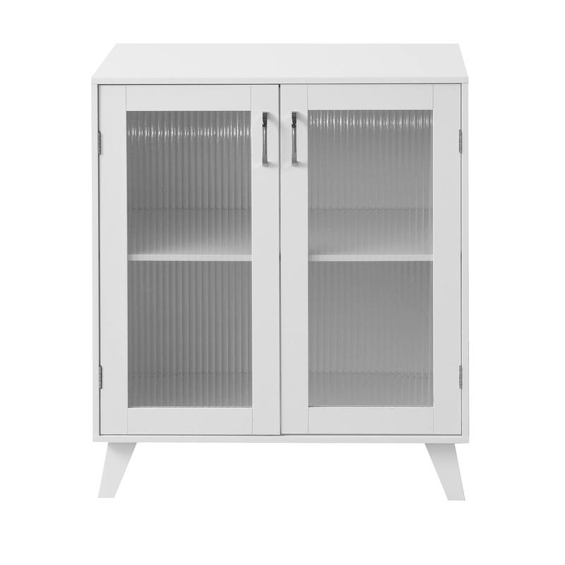 Anmytek Fluted Glass Double Door Cabinet White Modern Cabinet Storage Sideboard with Tapered Legs