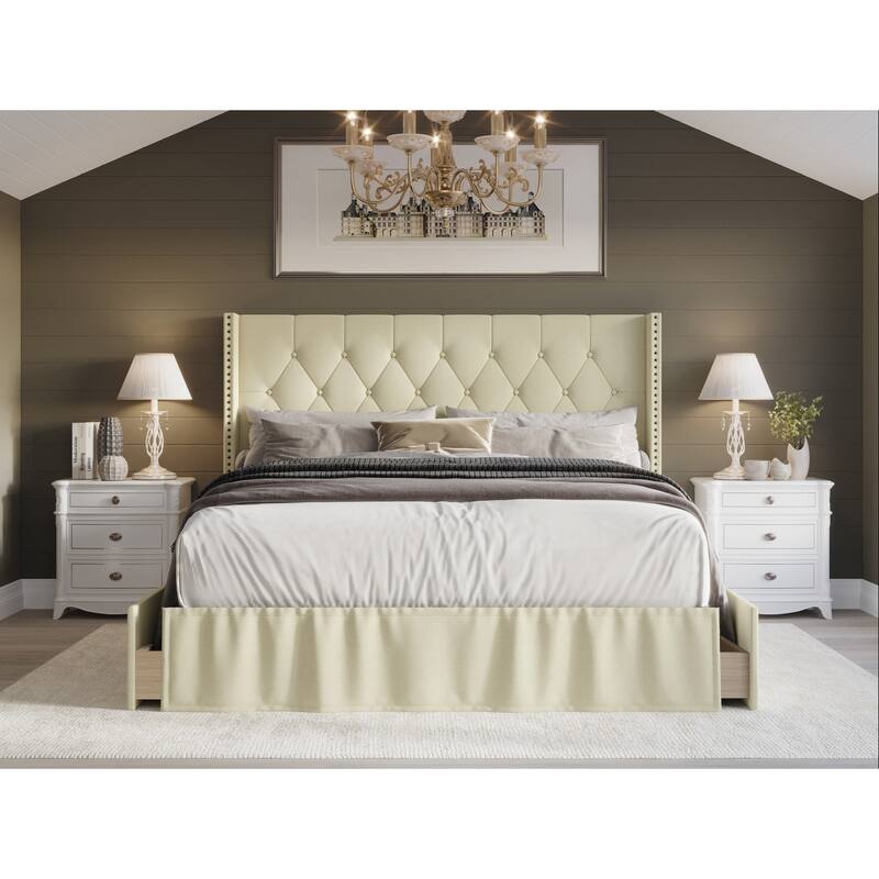 Andrea Tufted Upholstered Storage Panel Bed - Beige - Queen
