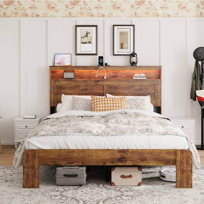 Queen Size wood Platform Bed Frame with Storage LED Light Headboard and 2 USB,No Box Spring Needed,Large Under Bed Storage