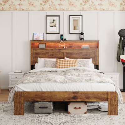 Wooden Platform Bed, Smart LED Bed Frame, LED Headboard with Charging Station, Heavy Duty Metal Slat Support