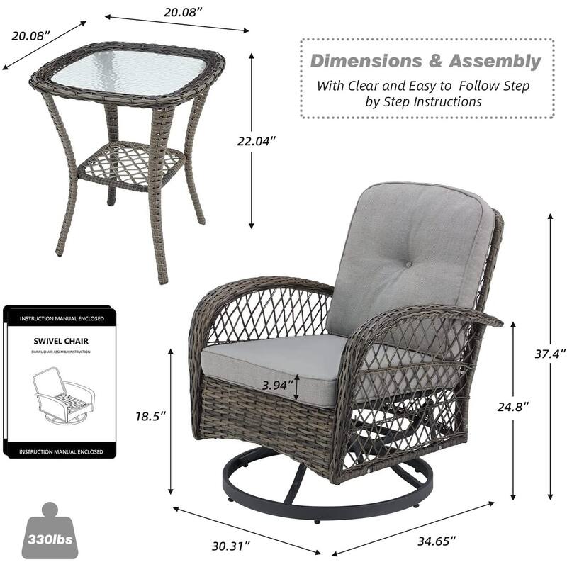 360° Swivel Rocking Patio Chairs Set with Thick Cushions & Tempered Glass Table | Indoor Living Room / Balcony| 3/5-Piece