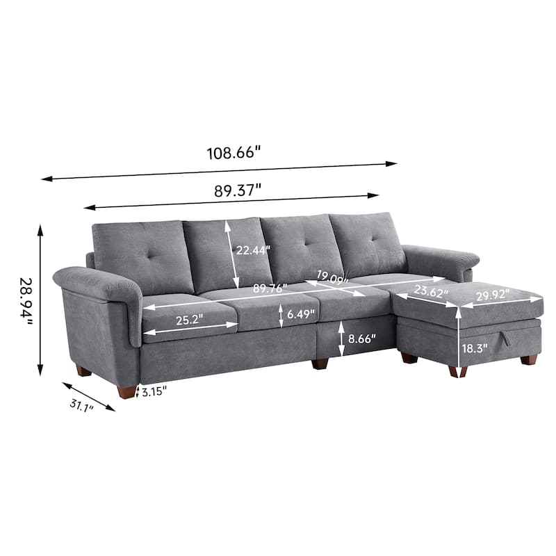 109" Modern 4 Seaters Towelling Sectional Sofa with Hidden Coffee Table Adjustable Headrest and Large Storage Space