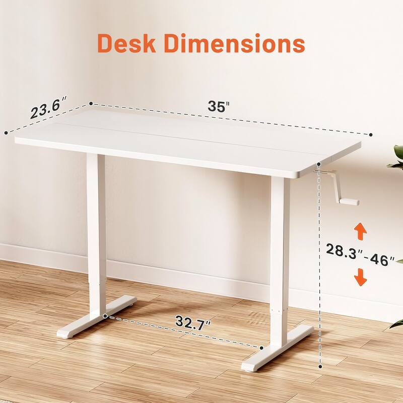 Crank Adjustable Desk, 35" Sit to Stand Manual Height Desk, Home Office Writing Table with Steel Frame