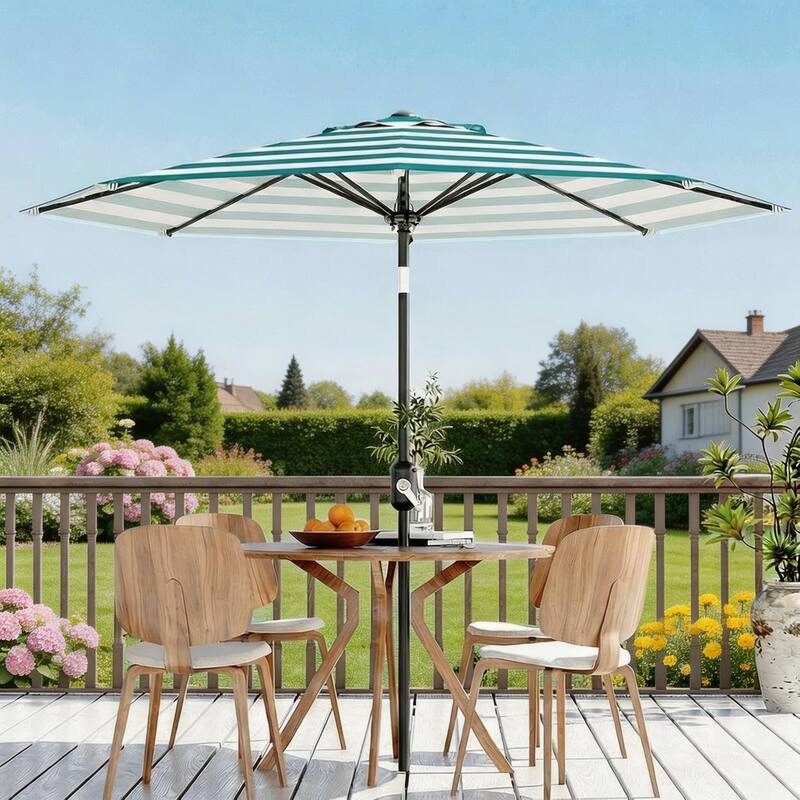 9 ft Patio Umbrella, with Crank Lift & Push Button Tilt, 8 Sturdy Ribs - Turquoise & White Stripes