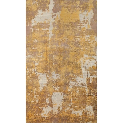 Hand Knotted Oriental Viscose Silk Carpet Modern Abstract Yellow & Gold Abstract Area Rug - 7' 10'' X 4' 11''