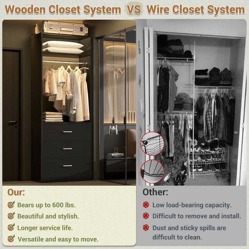Kyrvo Freestanding Closet Sytem with 3 Wooden Drawers and Hanging Rod and Storage Shelf, Walk-in Closet Organizer Wardrobe