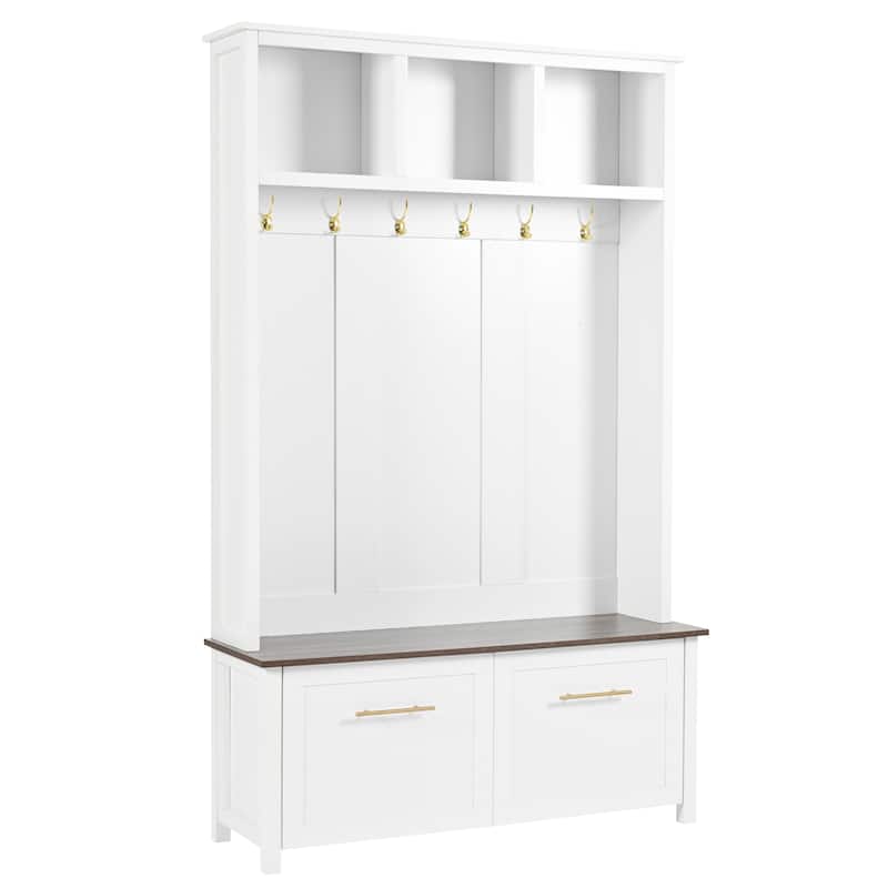 Elegant 4-in-1 Hall Tree with Golden Hooks, Wood Grain Bench, and Ample Storage