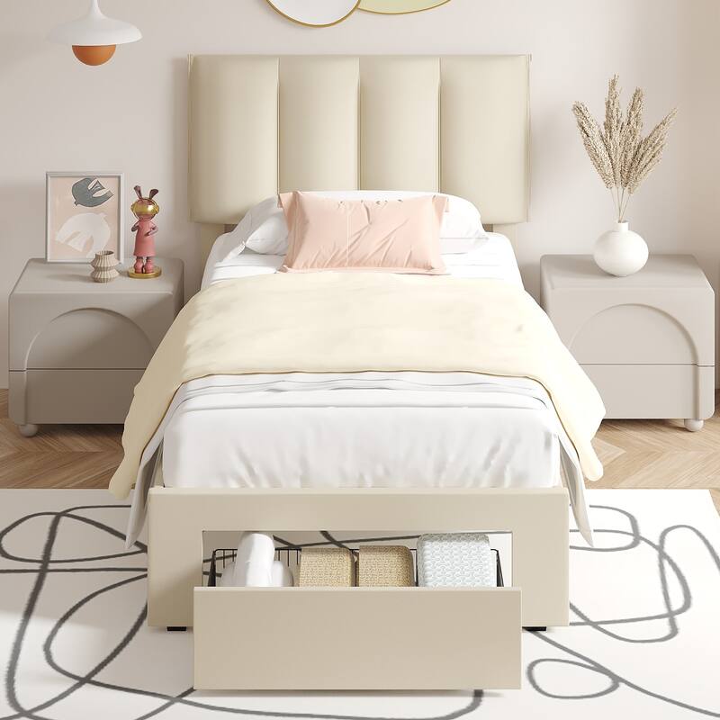 VECELO Set of 2 Kids Bed Frame with Storage Drawer Height Adjustable Upholstered Bed Twin Size Bed