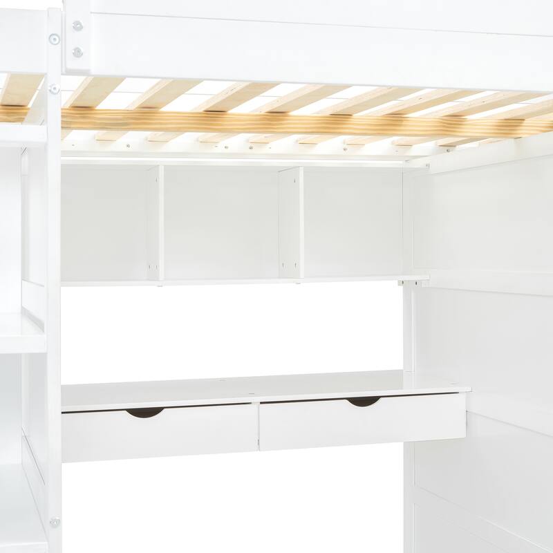 Modern Full Loft Bed with Built-in Desk, Storage Drawers, Shelves, and Open Closet for Optimal Organization