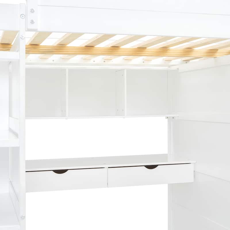 White Full Size Solid Wood Loft Bed with Desk, Wardrobes & Drawers