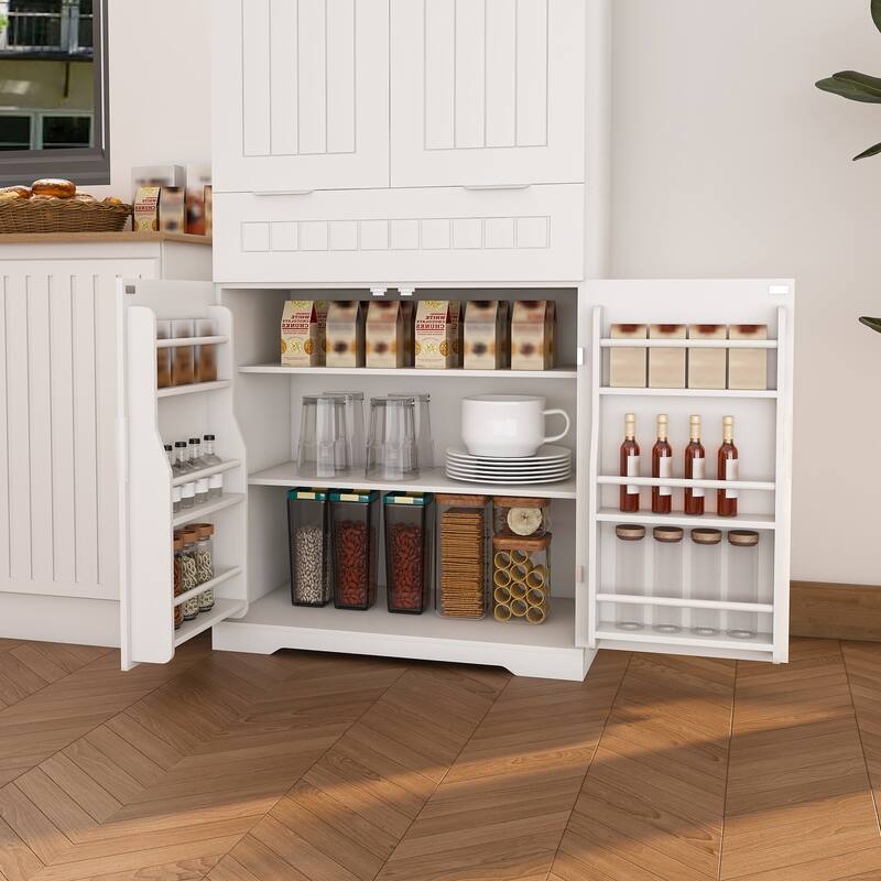 Freestanding Buffet Cabinet with Adjustable Shelves and Anti-Tip Kit, Waterproof Kitchen Pantry Cabinet with Beadboard