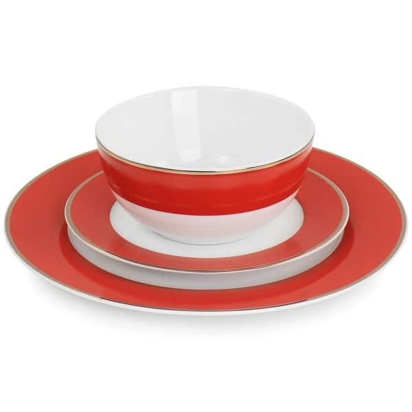 Martha Stewart Gold Rimmed 12pc Fine Ceramic Dinnerware Set in Red