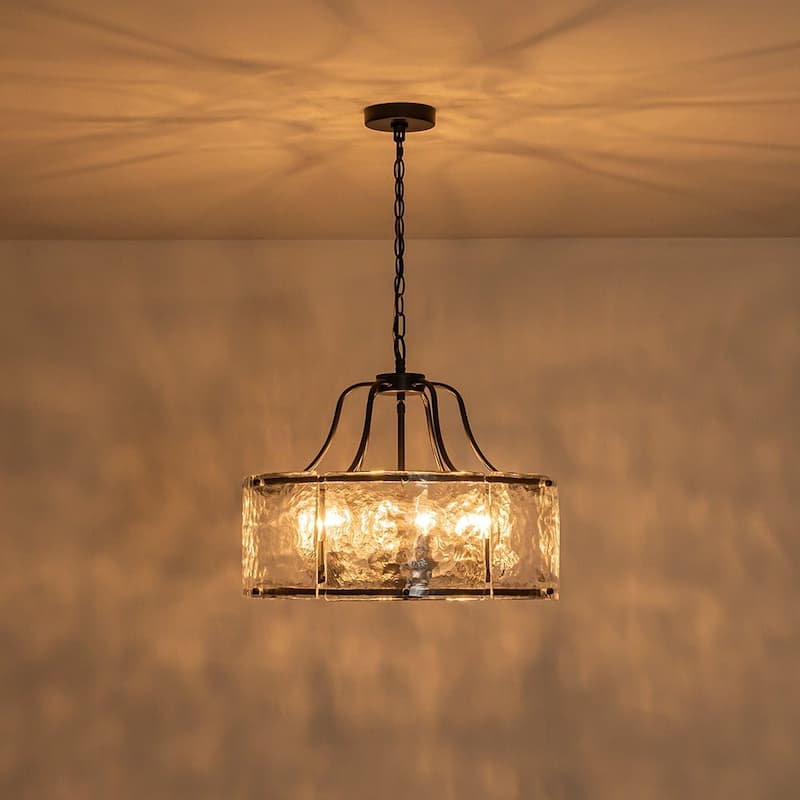 Modern 6-Light Clear Rippled Glass Lantern Pendant For Kitchen Island