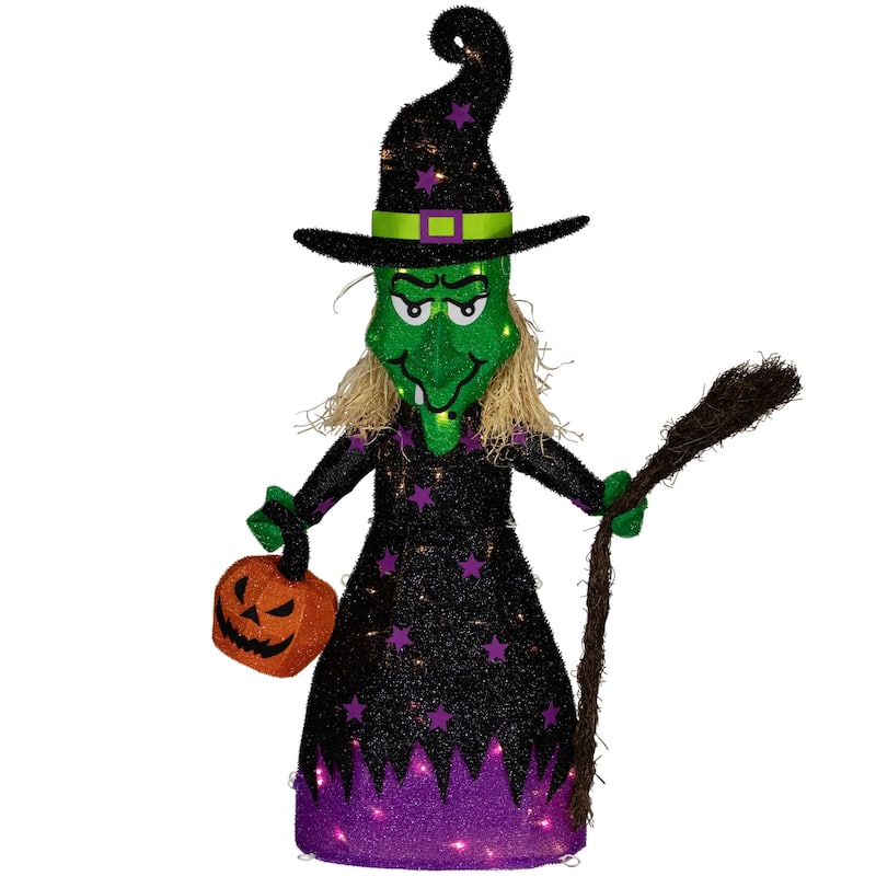 LED Lighted Witch with Broom Outdoor Halloween Decoration - 39" - Clear Lights