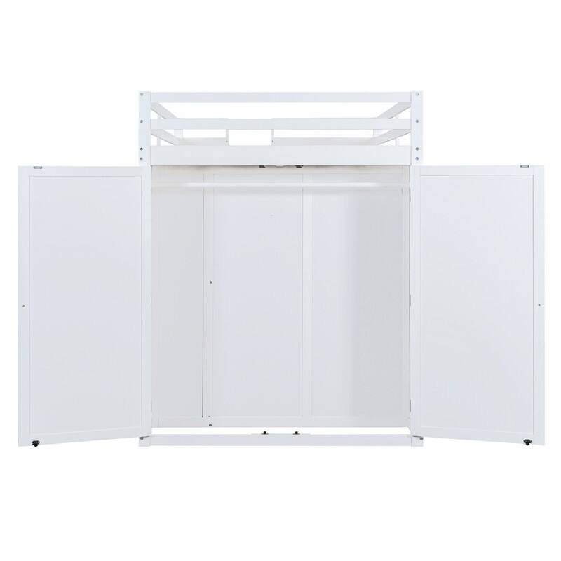 Full Size Loft Bed with LED Light, Wardrobe and 2 Storage Drawers, Solid Wood Loft Bedframe with Open Storage Shelves