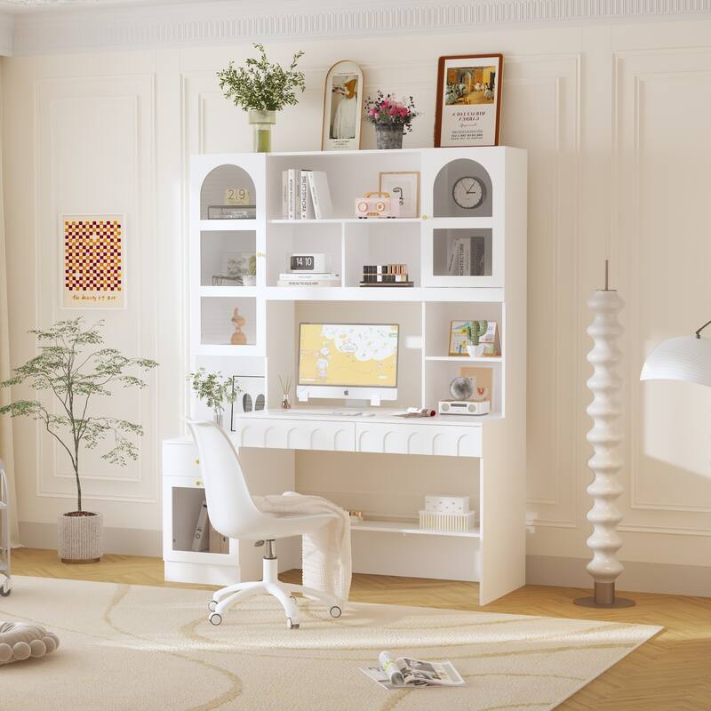 Multi-Tier Bookcase Built-In Desk - Space-Saving Design Home or Office