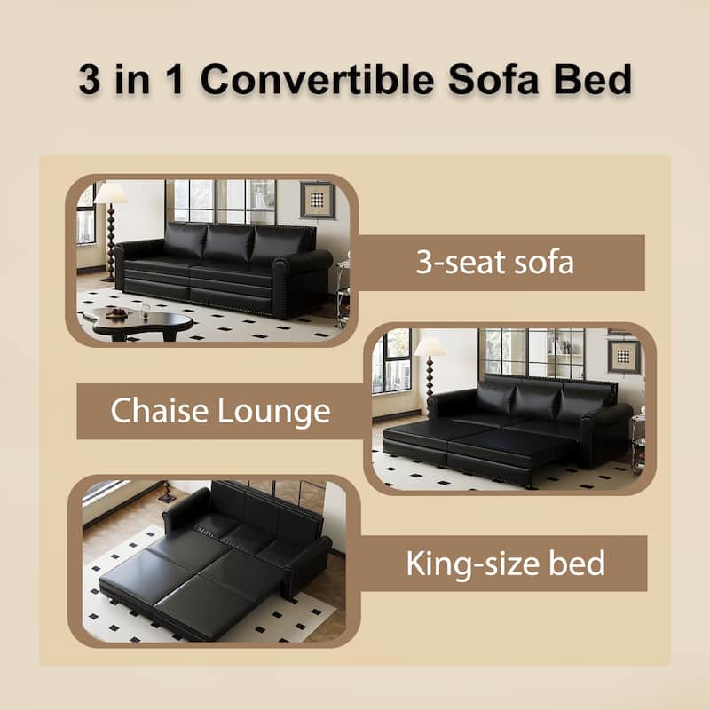 93.70"Faux Leather 3-Seater Sleeper Sofa Bed with Chaise, Retro Style with Rivet Trim