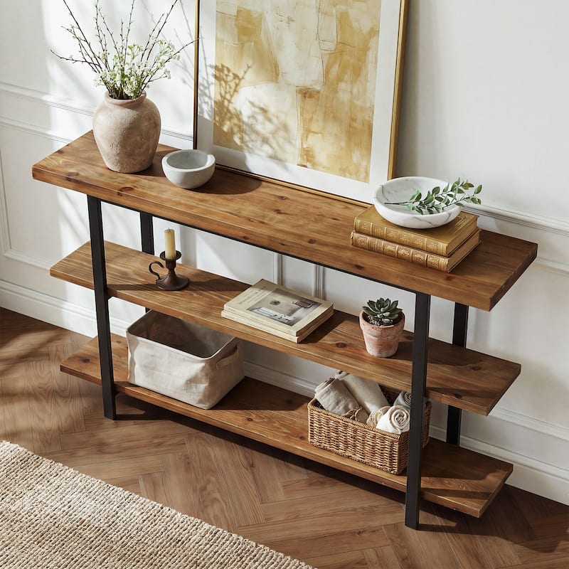 63" Solid Wood Console Table with 3-Tier Storage Shelves, Industrial Sofa Table