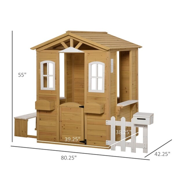 Outsunny Outdoor Playhouse for kids Wooden Cottage with Working Doors Windows & Mailbox, Pretend Play House for Age 3-6 Years