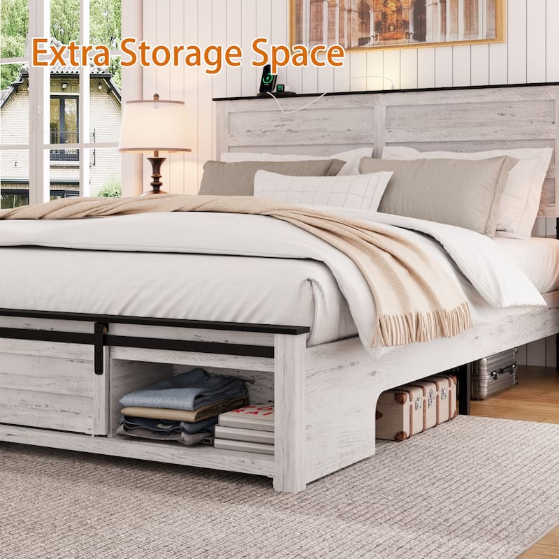 Queen Bed Frame with Upholstered Headboard and Wood Platform, Storage Headboard with Charging Station and LED