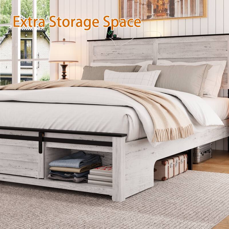 Roomfitters Queen Bed Frame with Upholstered Headboard, Storage Headboard with Charging Station, Wood Platform, Antique White