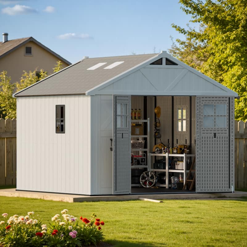 Patiowell 10 x 10 FT Resin Outdoor Storage Shed With Floor ,Weather Resistant, Organization for Home/Backyard/Garden, Off White - 10 X 10