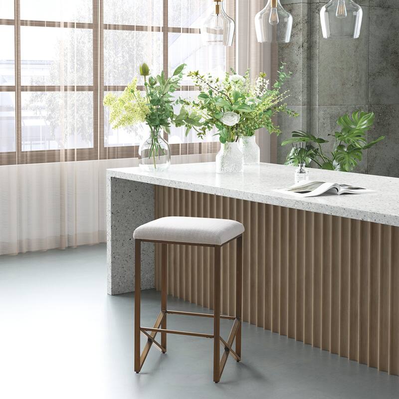 Roomfitters 26-Inch Backless Counter Stool, Minimalist Upholstered Kitchen Stool with Bronze Metal Base, Ivory