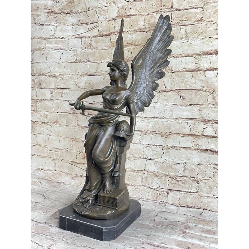 Winged Angel Warrior Goddess Nike Victory Bronze Statue Sculpture Marble Base