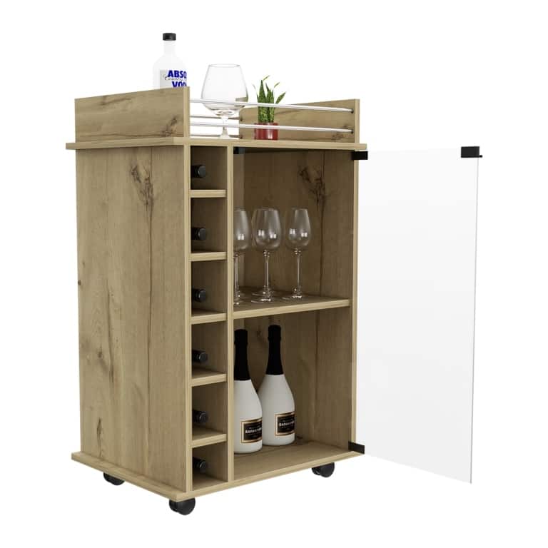 Sleek Bar Cart with Glass Door, Six Wine Cubbies, Locking Casters, Top Shelf - Carbon Espresso