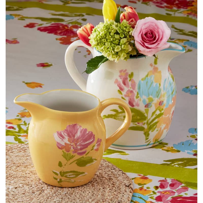 Bloom & Blossom Flower Large White Earthenware Water Beverage Pitcher, 80 oz