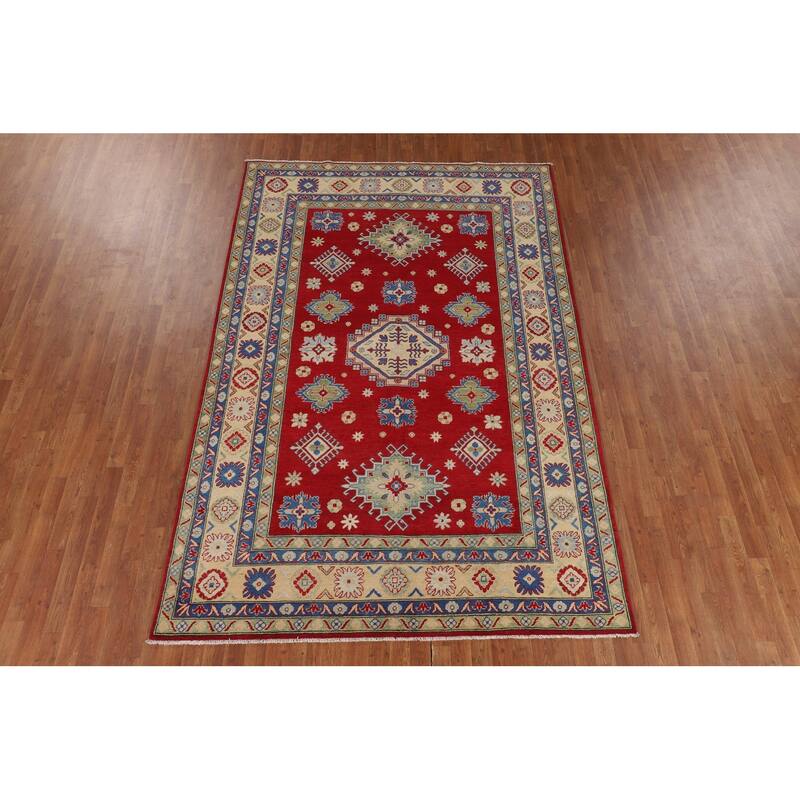 Geometric Red Kazak Oriental Area Rug Living Room Handmade Wool Carpet - 6'7" x 9'10"