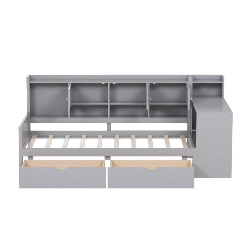 Wooden Daybed with 2 Storage Drawers and Study Desk, Twin/Full Size Daybed Frame Sofa Bed with Storage Shelves and Cabinets