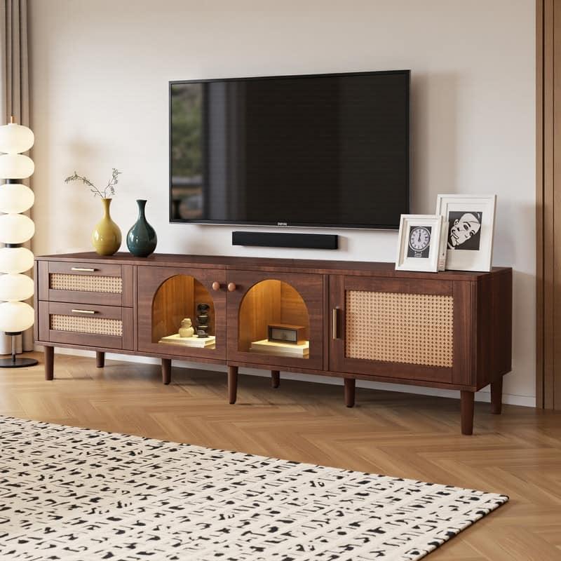 Rattan TV Stand for TVs Up to 80", Media Console with 3 Cabinets & 2 Drawers, LED Entertainment Center