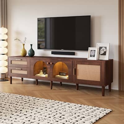 Rattan TV Stand for TVs Up to 80", Media Console with 3 Cabinets & 2 Drawers, LED Entertainment Center
