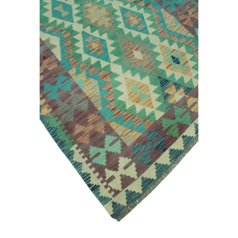 Hand-Woven Sun Faded Kilim Aidana Blue/Green Rug - 3'11" x 5'8"