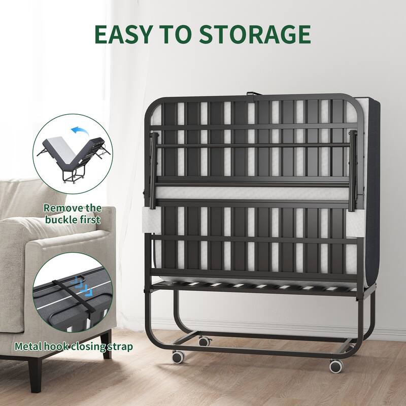 75" Inch Extra Long Folding Bed for Tall People, Heavy-Duty 450lbs Capacity Rollaway Guest Bed with 5" Memory Foam Mattress