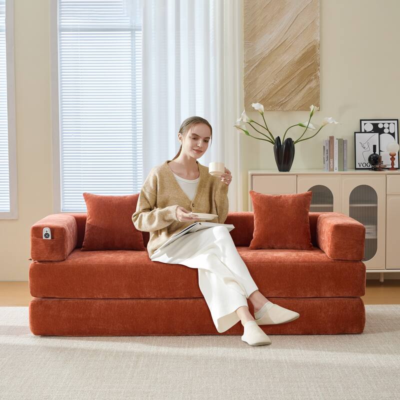 GALDWIN Chenille Upholstered Convertible Folding Sofa Bed with Pillows for Living Room