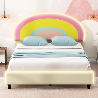 Twin Size Platform Bed with Rainbow Shaped Headboard and LED Light Strips