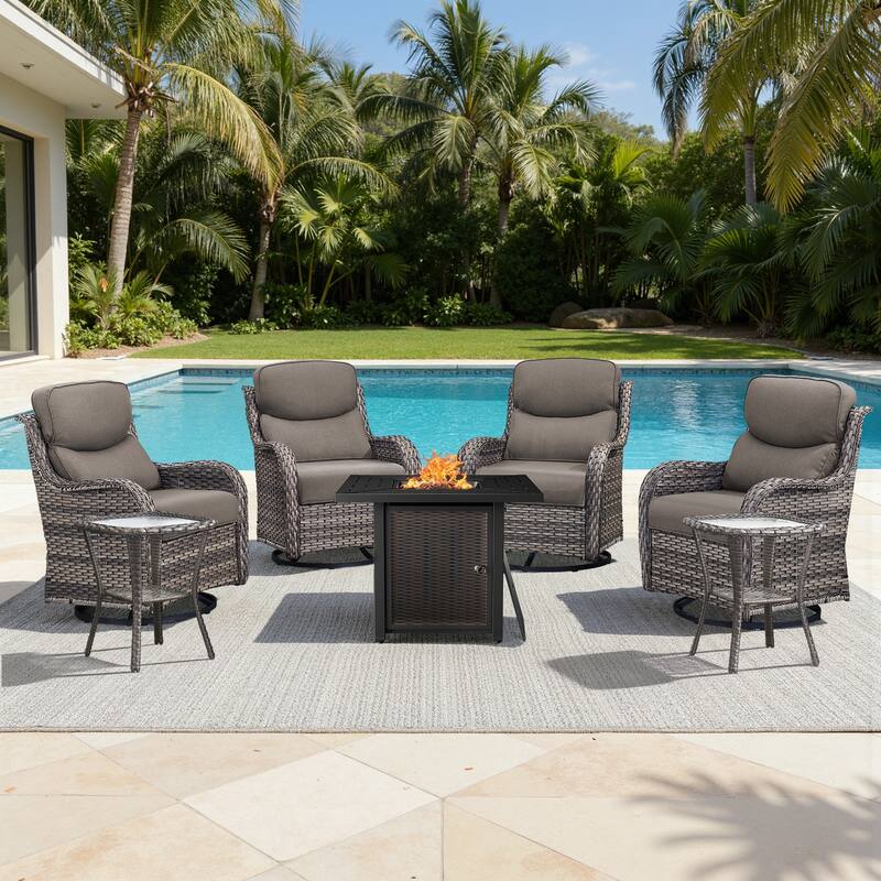 Meyreso 7-Piece Outdoor Patio Wicker Fire Pit 4 person Conversation Set with 5-Inch Thick Cushions