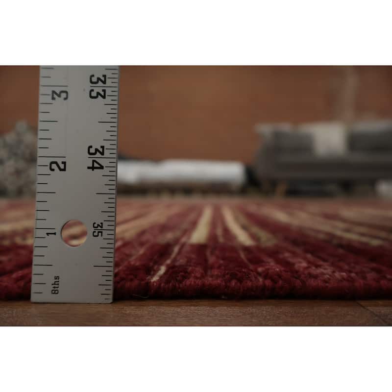 Hand Knotted Oriental 100% Wool Carpet Modern Stripe Red Gabbeh Area Rug - 5' 9'' X 2' 10''