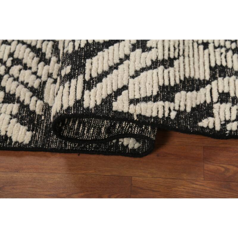 Black & Ivory Moroccan Abstract Area Rug Hand-Knotted Wool Carpet - 4'11"x 8'1"