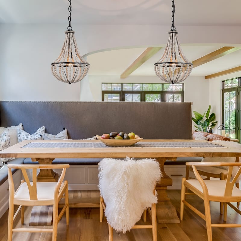 Farmhouse 1-Light Wood Beads Mini Chandelier Boho Pendant Light for Kitchen Island - Dia. 10" x H 15"