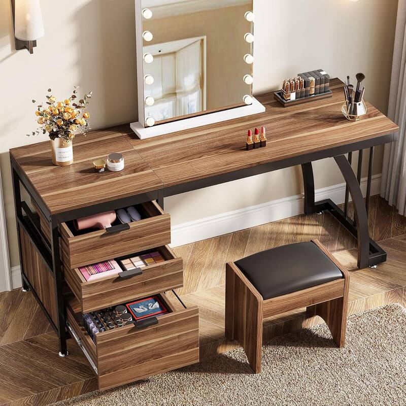 Vanity Desk 59" Dressing Table, Chic Makeup Desk with 3 Reversible Drawers for Bedroom, Home Room - Walnut
