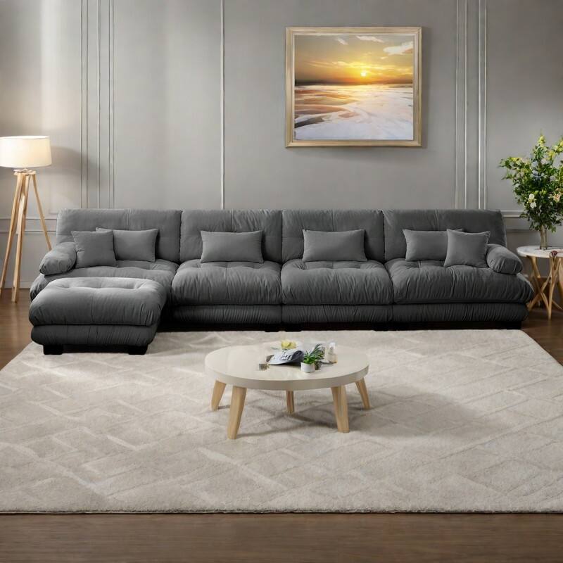 173.2" Chenille Modular 4-Seater L-Shaped Cloud Sectional Sofa with Ottoman - Gray