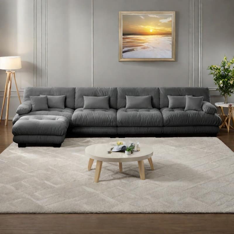 173.2" Chenille Modular 4-Seater L-Shaped Cloud Sectional Sofa with Ottoman