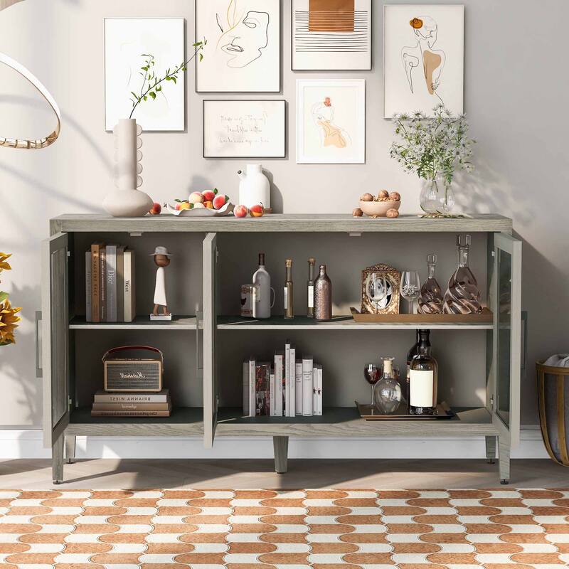 Wood Storage Cabinet with 3 tempered Glass Doors and Adjustable Shelf