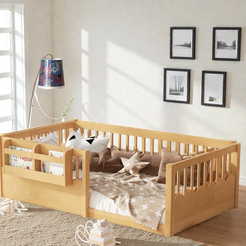Twin Floor Bed with Heightened Fence and Bookshelf, Wooden Montessori Floor Bed for Kids, Low Profile Design - Natural - Twin