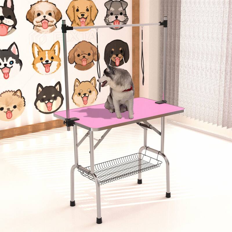 Folding Dog Pet Grooming Table, Stainless Steel Frame Rubber Mat on Board, with Adjustable Arm and Clamps pet dog - Pink
