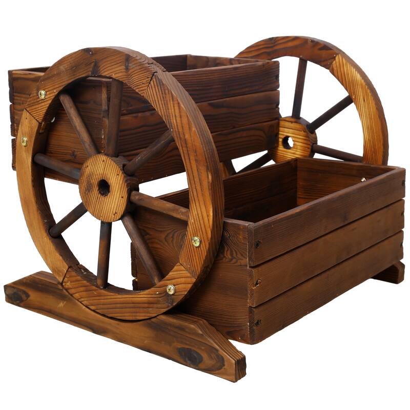 17 in. L x 18 in. W x 15 in. H Brown Outdoor Wood Wagon Planter Box Garden Planter with Wheels for Patio Garden Balcony