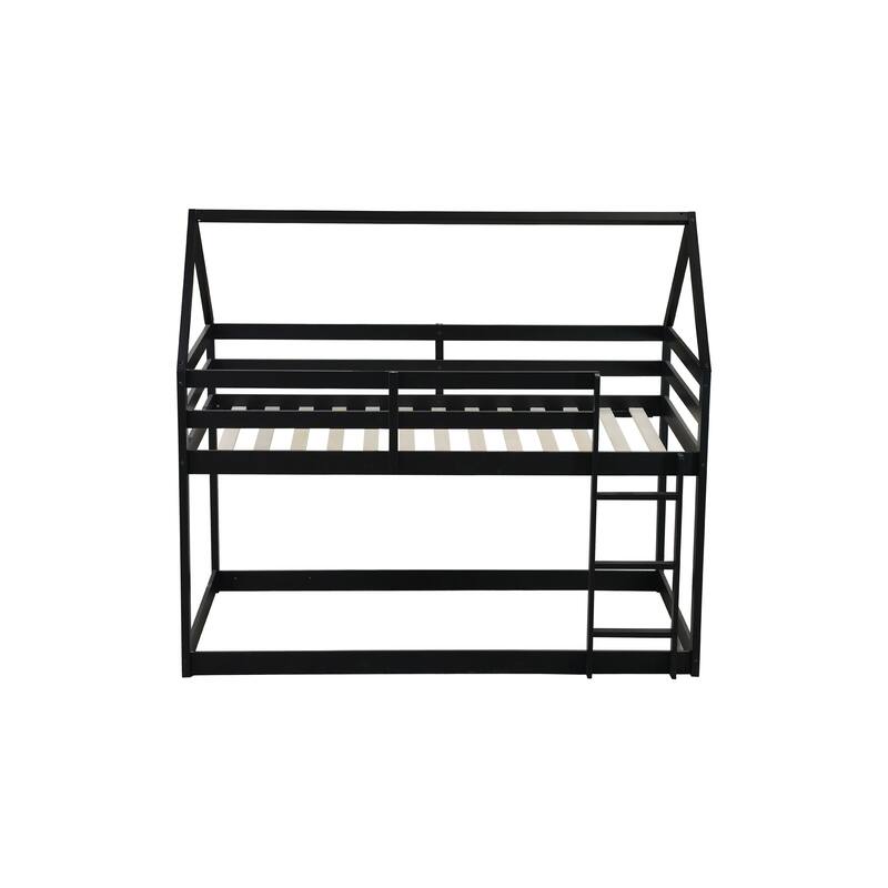 House-Shaped Twin Over Twin Rubber Wood Bunk Bed with Ladder and Guardrails, Black